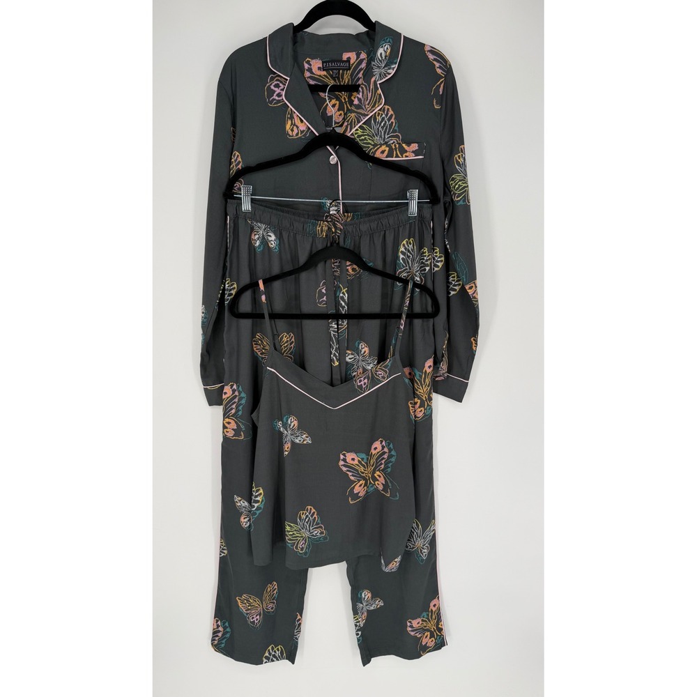 P.J. SALVAGE ALL THAT FLUTTERS PAJAMA SET 3 PIECE LARGE SATIN BUTTERFLIES LOUNGE